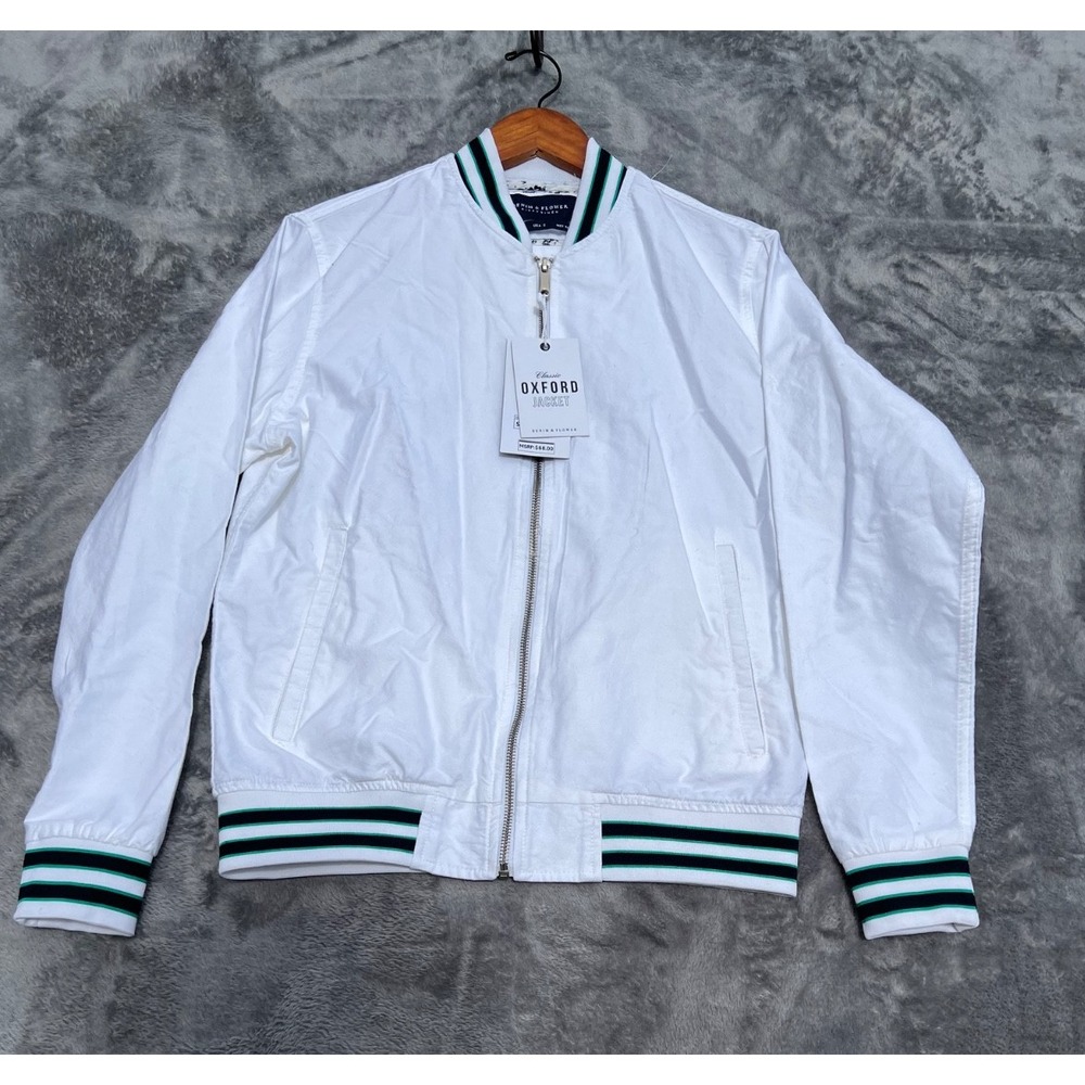 Denim Flower Ricky Singh Bomber Jacket Mens Small White Full Zip Lightweight NWT